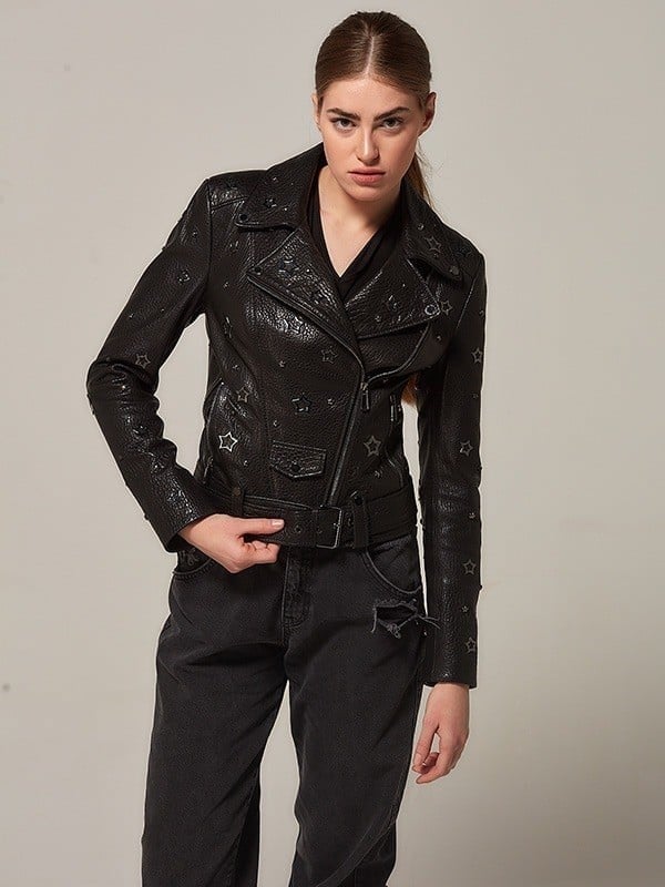 Hakiki Deri Yıldız Detaylı Kadın Biker Ceket – Siyah | Premium Moto Stil