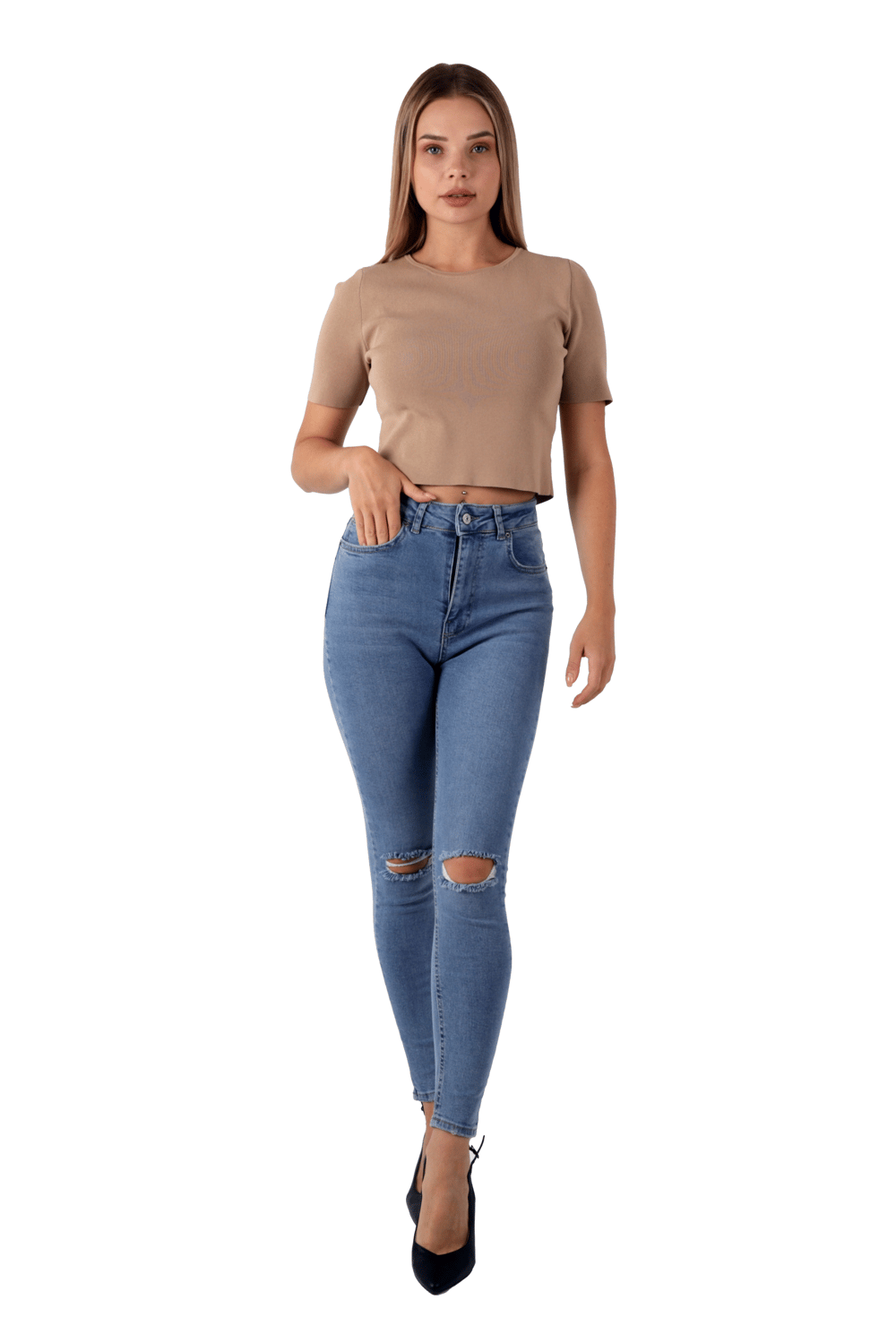 Mavi Renk Dar Paça Diz Yırtık Yüksek Bel Jeans