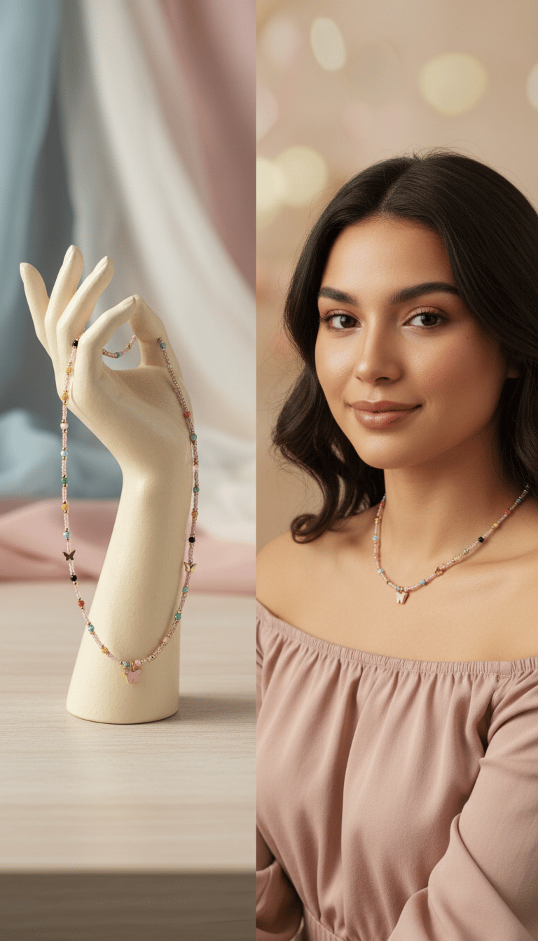 Minimal Kelebek Figürlü İnce Boncuk Detaylı Kadın Kolye