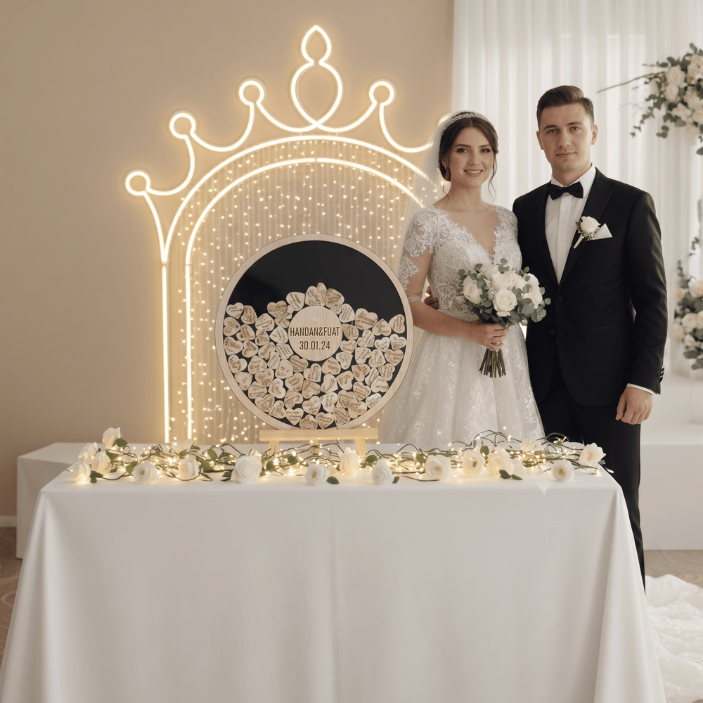Kişiselleştirilmiş Pleksi Siyah Yuvarlak Düğün Nişan Hatıra Anı Kutusu (50 cm Set) 