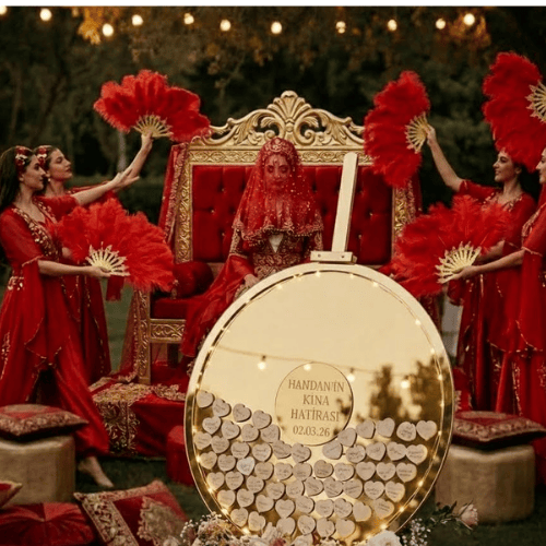 Kişiye Özel Gold Pleksi Yuvarlak Kına Gecesi Anı Kutusu (50 cm Set)