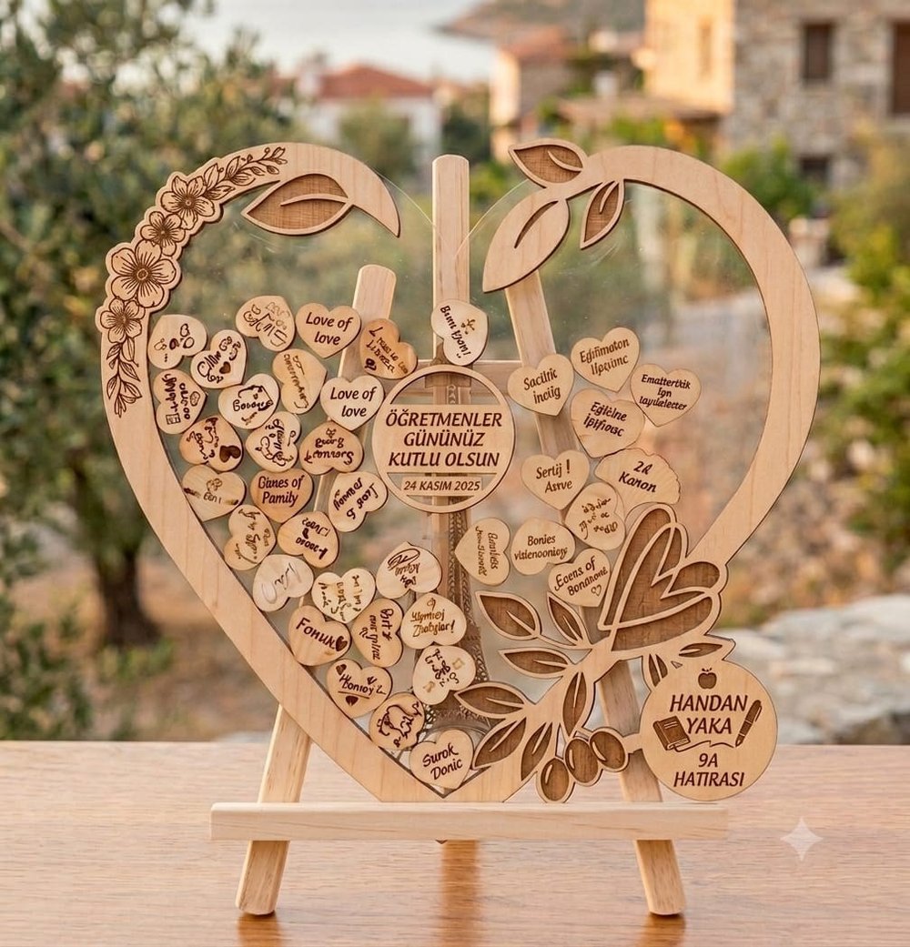 Kişiye Özel Kalp Ahşap Öğretmenler Günü ve Mezuniyet Anı Kutusu (50 cm Set)