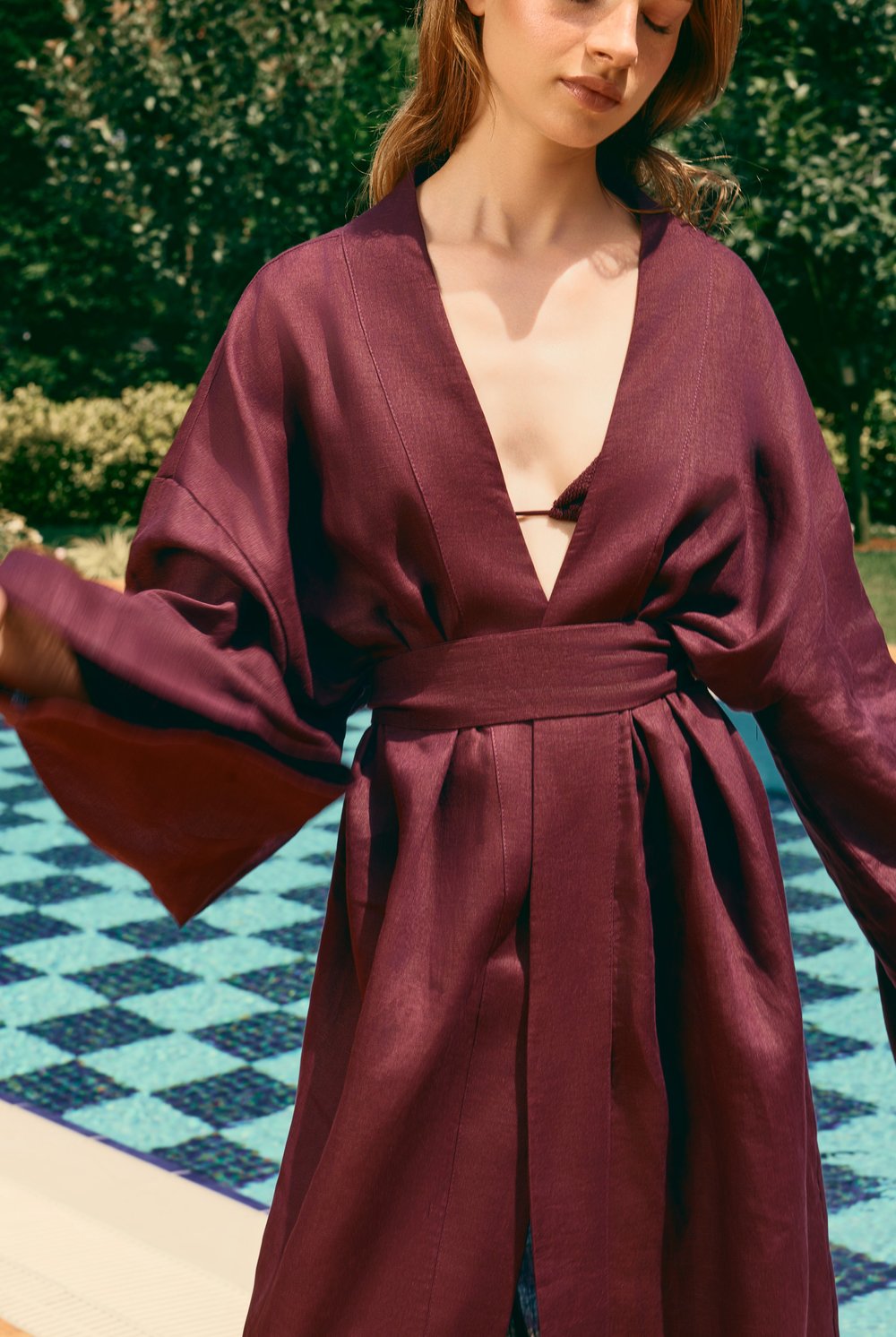  %100 Keten Natura Uzun Kimono Bordo