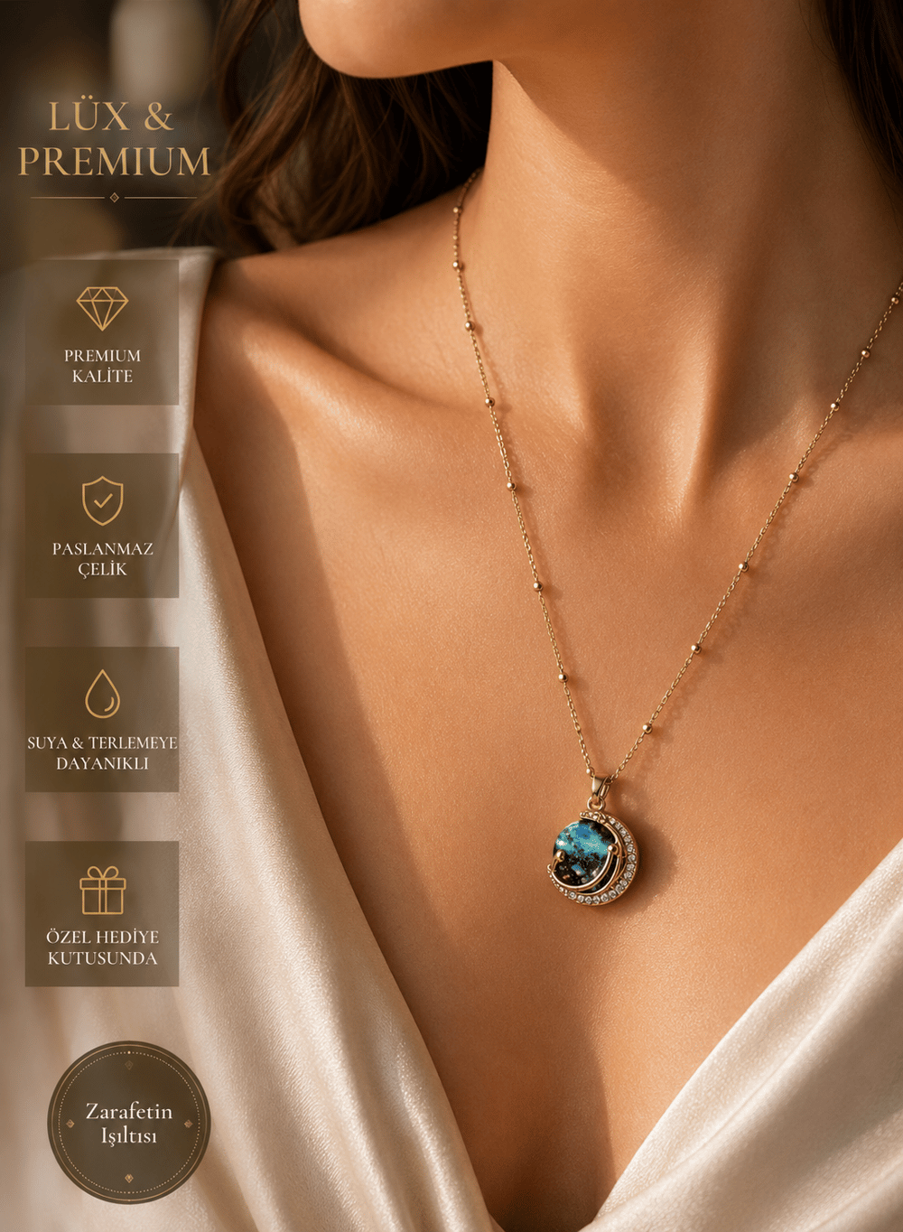 Gezegen Figürlü Gold Çelik Kolye, Zirkon Taşlı, Eşe, Seygiliye, Arkadaşa, Anneye Hediye