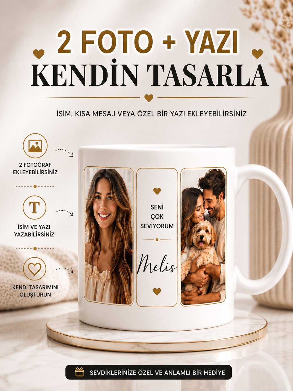 Kendin Tasarla Kişiye Özel Kahve Kupa Bardak , 2 Fotoğraf + İsim/Yazı Baskılı, Çift Taraflı Baskı Eşe, Sevgiliye, Arkadaşa Hediye