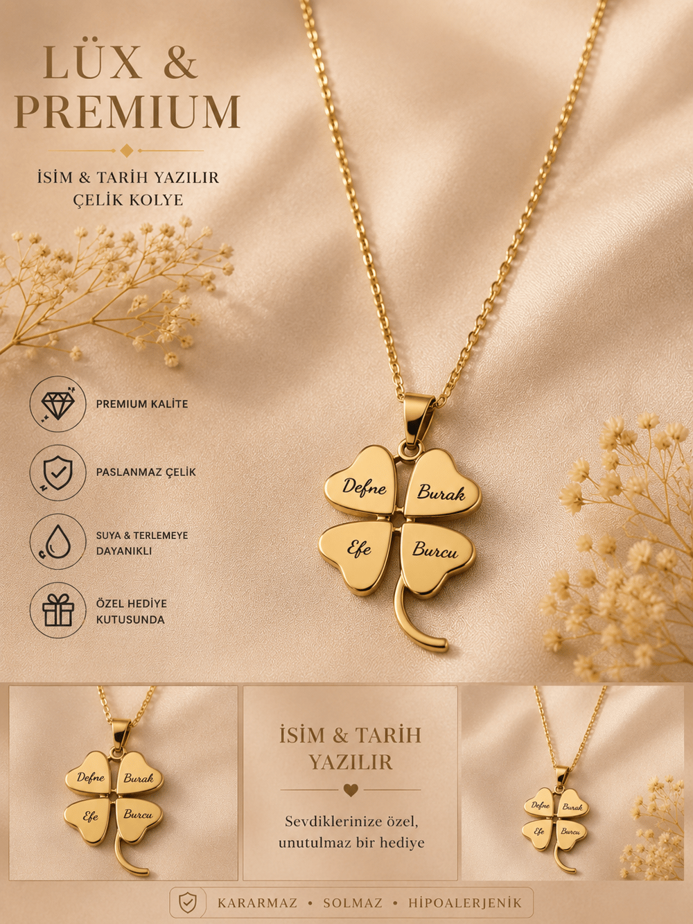 Kişiye Özel 4 Yapraklı Yonca Çelik Kolye – İsim ve Tarih Yazılabilir Gold Renk Premium Paslanmaz Çelik Kolye | Sevgili, Aile ve Anne Hediyesi