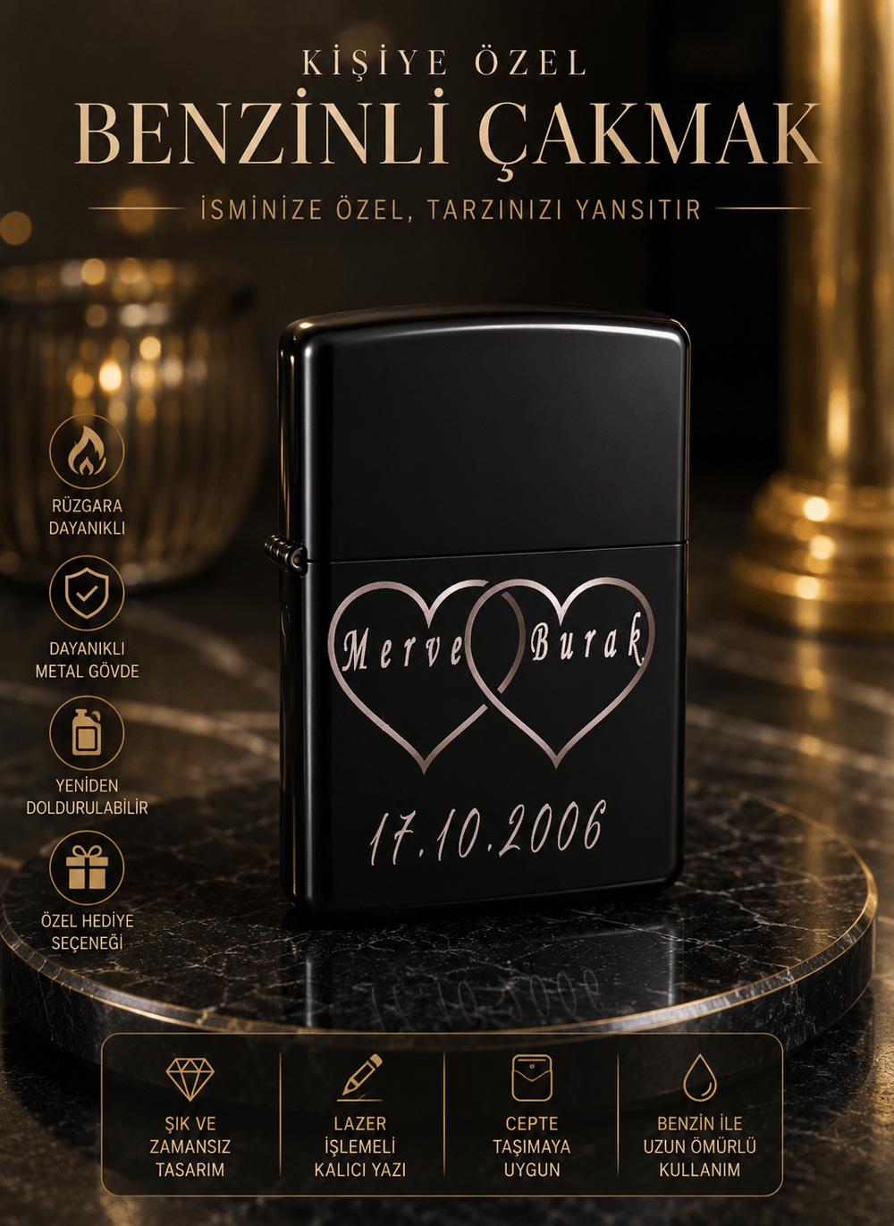 Kişiye Özel İsim Yazılı Benzinli Metal Çakmak ,Kalp Desenli, Tarihli, Sevgiliye Özel Hediye
