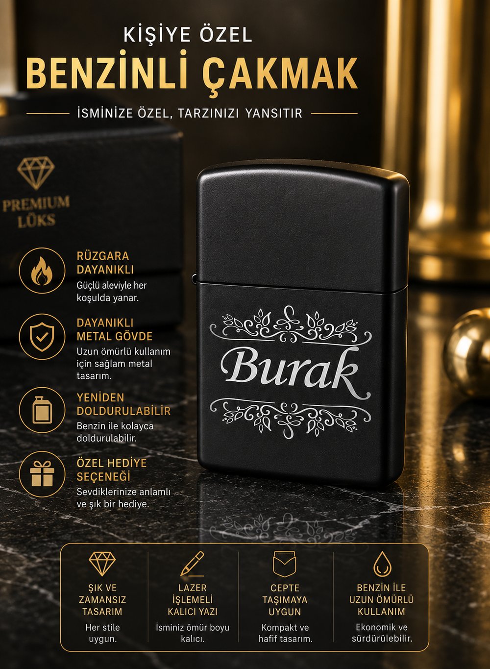 Kişiye Özel Lazer İsim Baskılı Benzinli Metal Çakmak Sevgiliye, Eşe, Arkadaşa, Babaya Hediye
