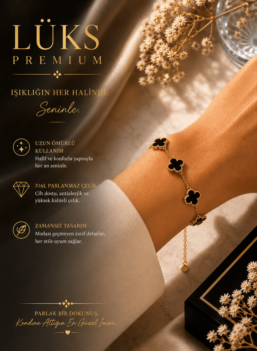 Premium Gold Yonca Kadın Bileklik Eşe, Sevgiliye, Arkadaşa, Anneye Hediye