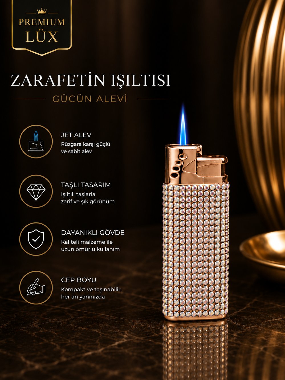 Premium Lüx Jet Alevli Çakmak Gold Zirkon Taş İşlemeli Çakmak Eşe, Arkadaşa, Sevgiliye, Babaya, Anneye  Hediye