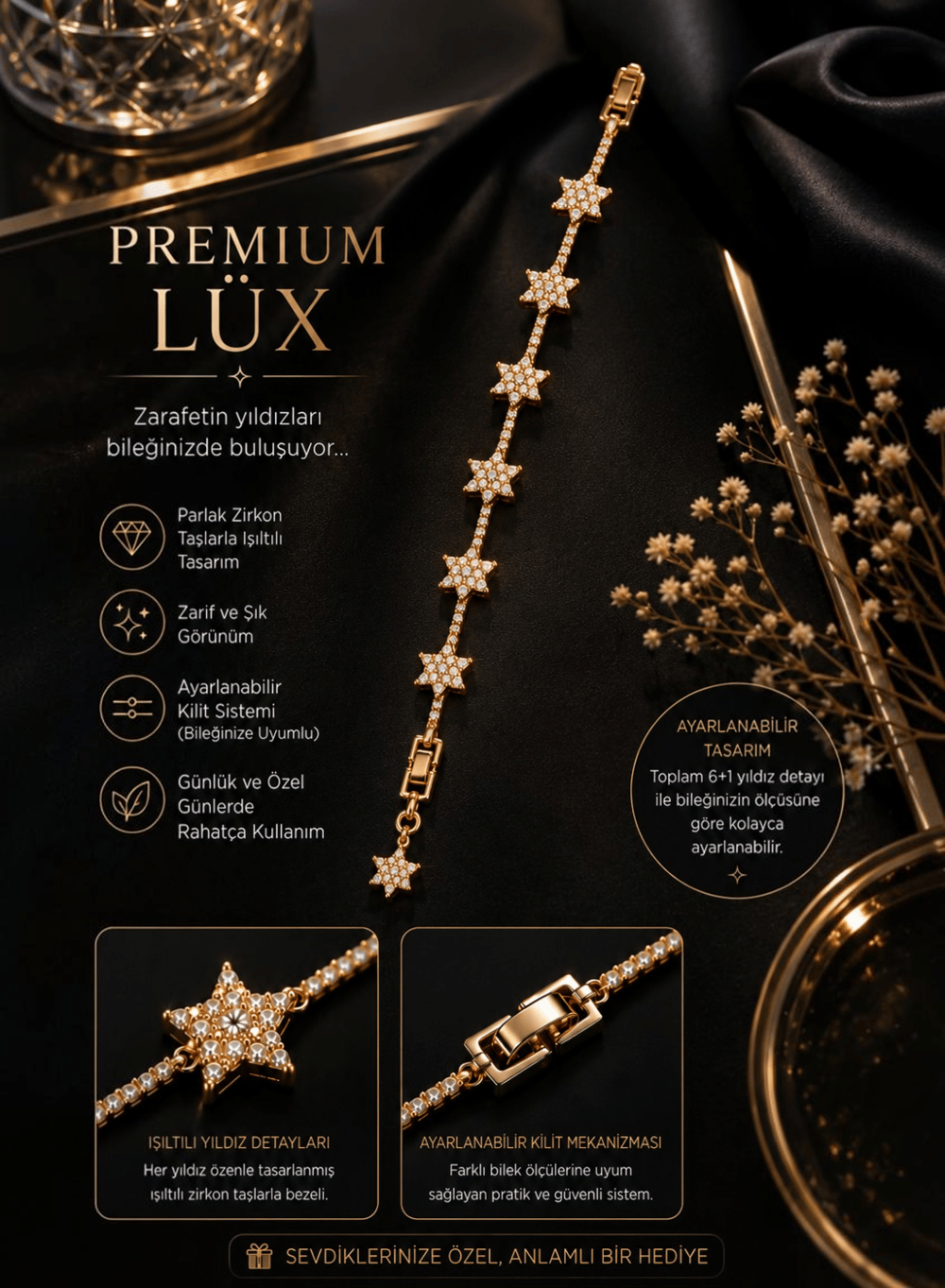 Premium Lüx Yıldız Zirkon Taşlı Ayarlanabilir Bileklik Eşe, Sevgiliye, Arkadaşa, Annneye Hediye
