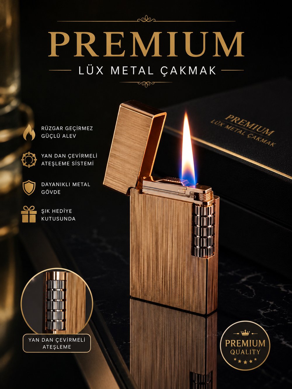 Premium Rose Gold Metal Çakmak Yandan Çarklı Ateşleme, Özel Kutusunda ve hediye paketinde. Eşe, Sevgiliye Hediye