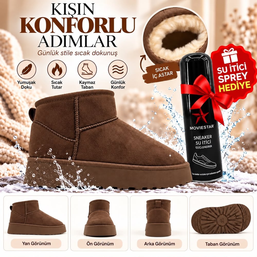 Look Life İçi Peluş Kürklü Süet Ultra Mini Taban Bot + Su İtici Sprey Hediye