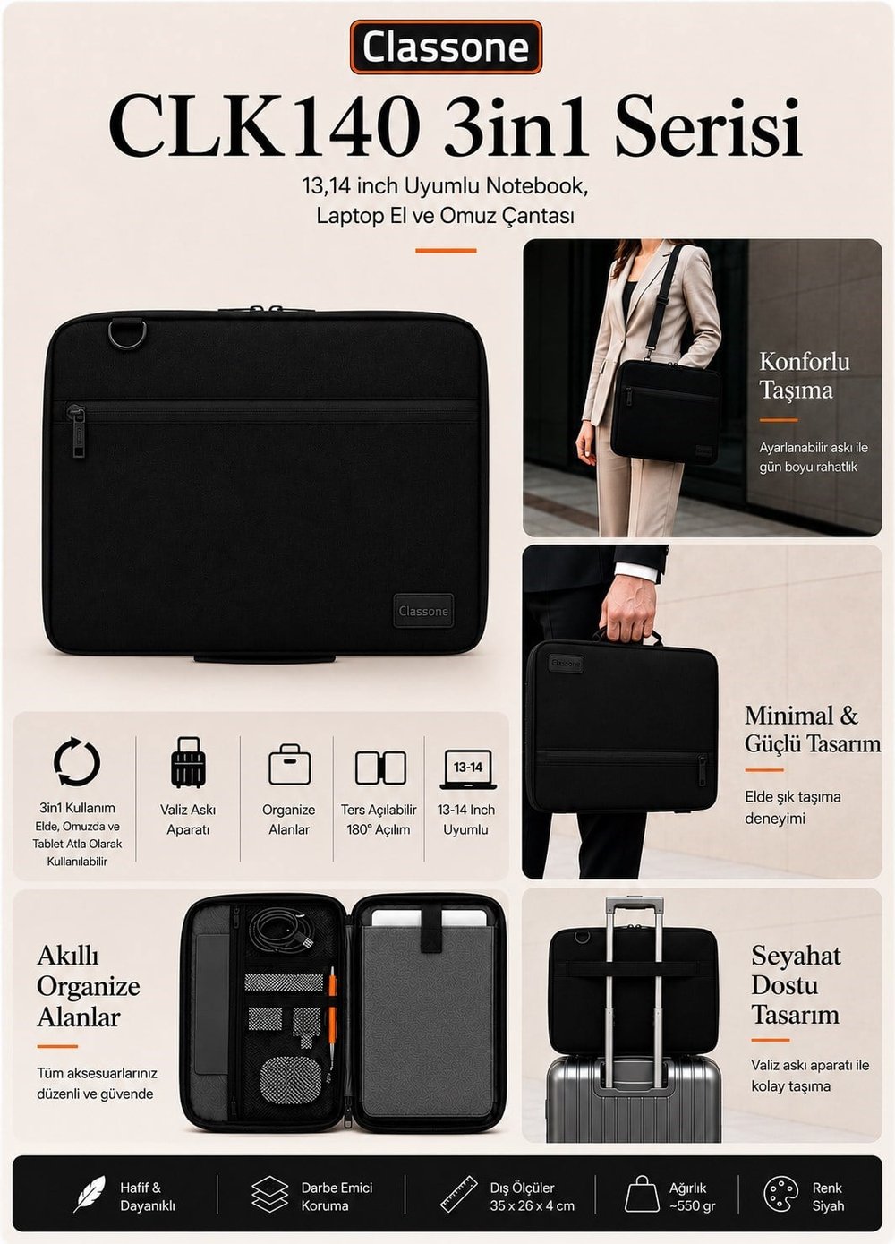 Classone 3in1 Serisi CLK140 13,14 inch Uyumlu Tablet Laptop El ve Omuz Çantası Siyah