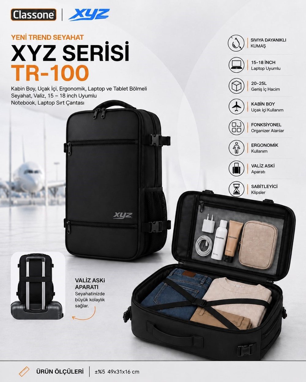Classone XYZ TR-100 Kabin Boy Uçak İçi Ergonomik Laptop ve Tablet Bölmeli Seyahat Valiz Çanta