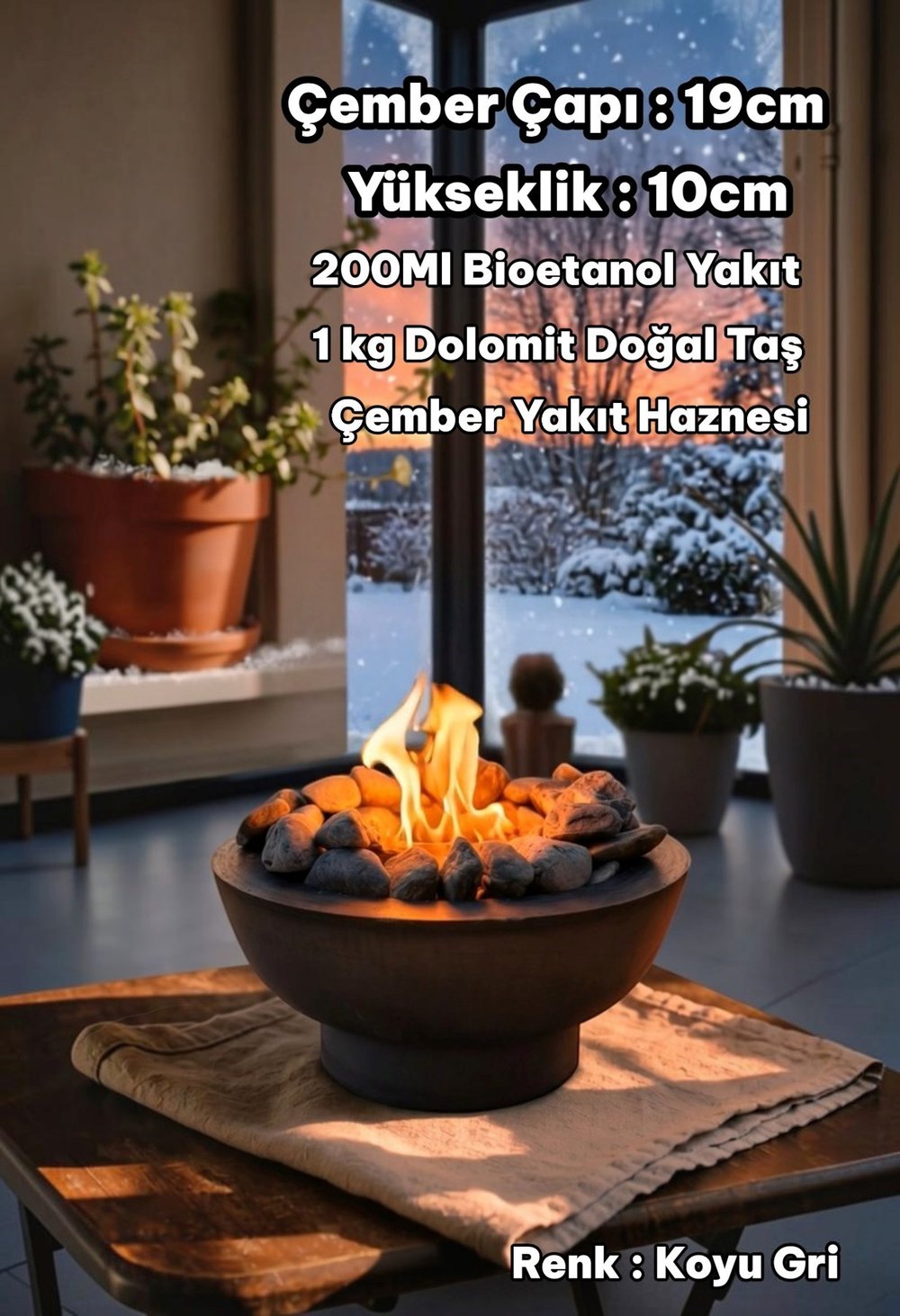 Technow Gri  Dumansız Masa Şöminesi Ateş Çukuru (200ml Bioetanol+Hazne)