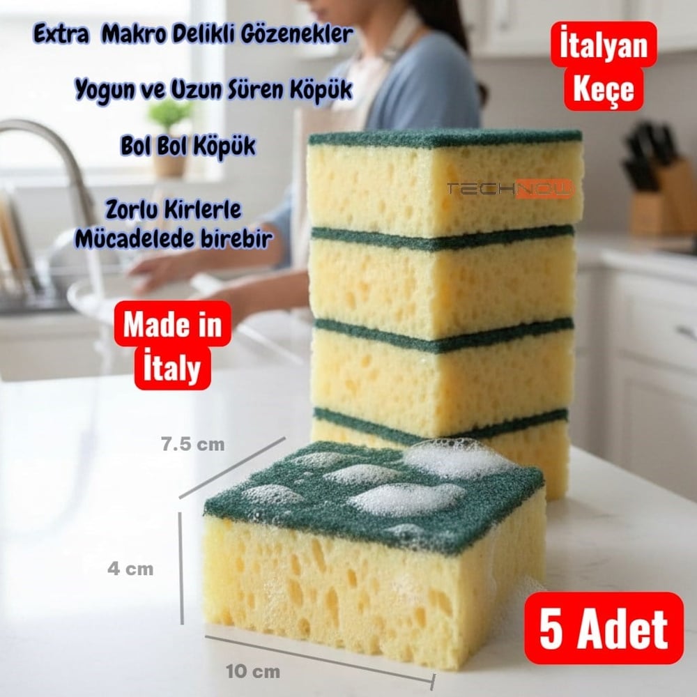 Technow Softtex Çift Taraflı  Çizmez  İtalyan Keçeli Kaliteli Buble Mercan Bulaşık Sünger 5 Adet