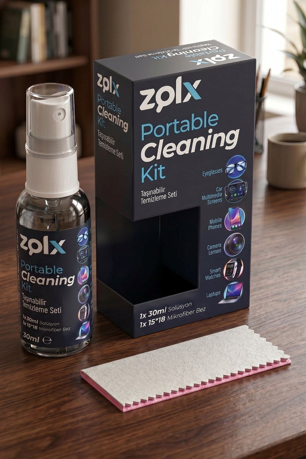 Zolx 30ml Taşınabilir Temizleme Kiti Gözlük Telefon Tablet Akıllı Saat Temizliği 15*18 Bez Hediyeli