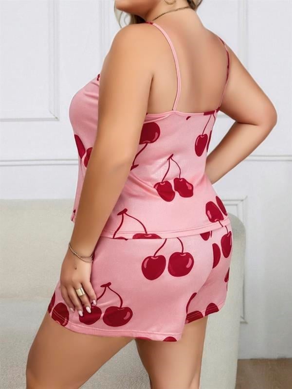 Büyük Beden Pembe Kiraz Desen İnce Askılı Pamuklu Şortlu Pijama Takımı
