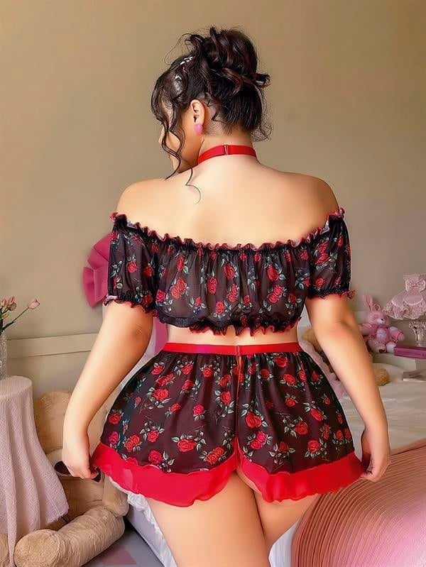 Büyük Beden Siyah Üstüne Gül Desenli Fantezi Etekli Büstiyer Takımı