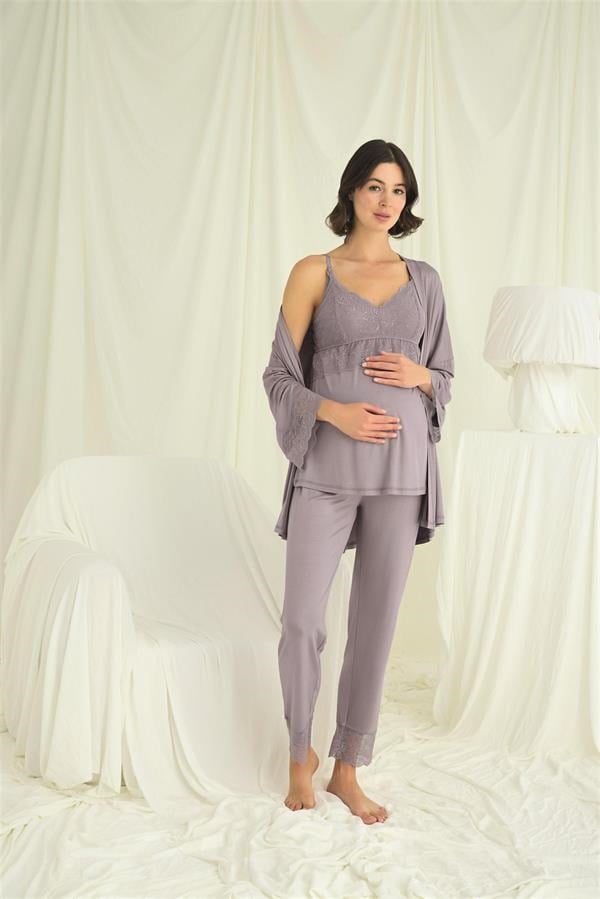 Dantelli Hamile Lohusa 3lü Pijama Takımı