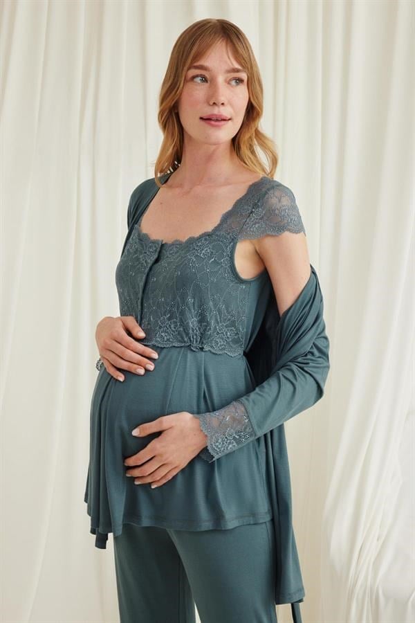 Dantelli Önü Düğmeli Hamile Lohusa 3lü Viskon Pijama Takımı