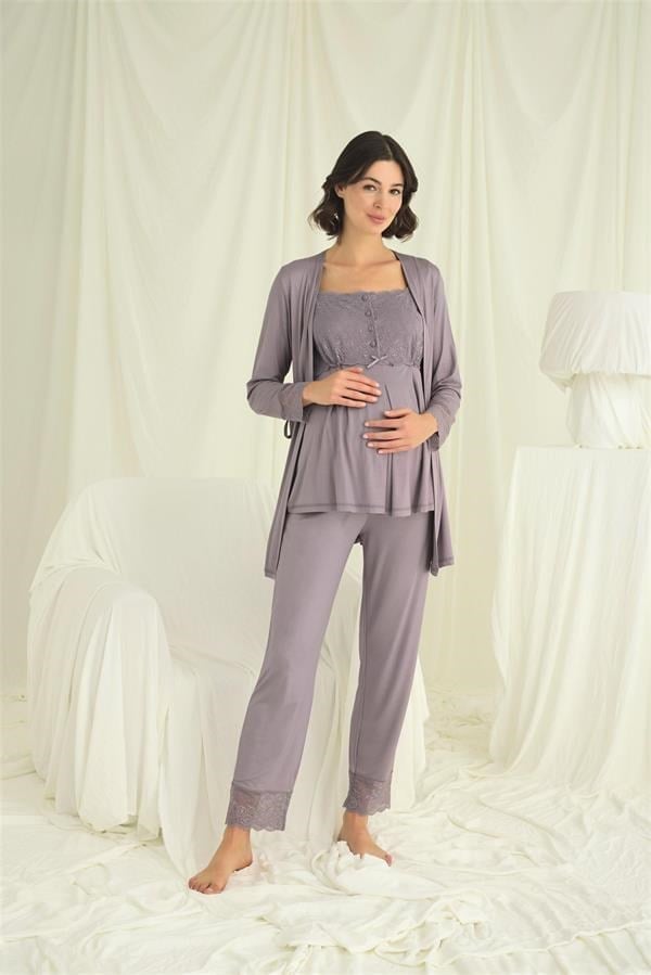 Dantelli Önü Düğmeli Hamile Lohusa 3lü Pijama Takımı