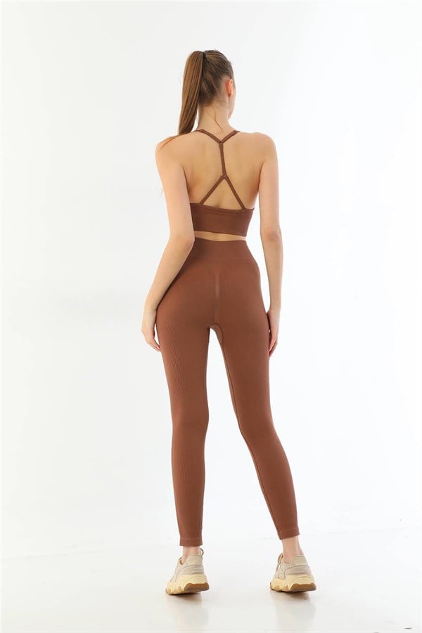 Kahve MI Emay 3921 Soft Seamless Ripli Tayt Yoga Takımı