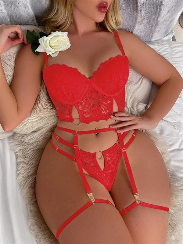 Kırmızı Dantelli Jartiyer Fantezi Seksi Büstiyer Takımı