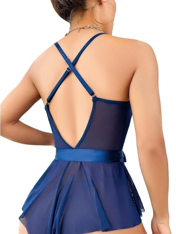 Mavi Dantel İşlemeli Kurdelalı Fantezi Tül Babydoll