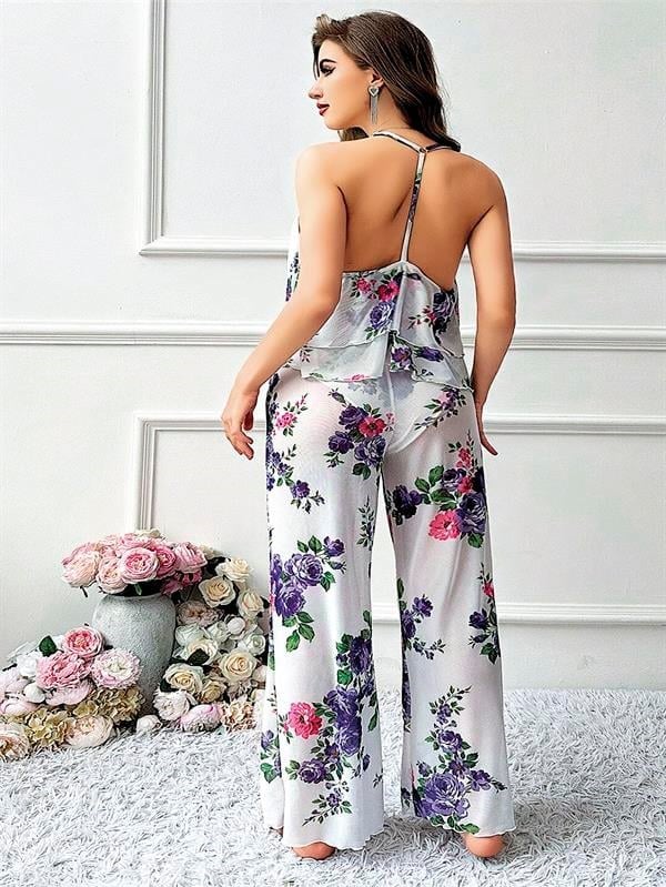 Özel Tasarım Büyük Beden Çiçek Desenli Fırfırlı 2li Pijama Takımı