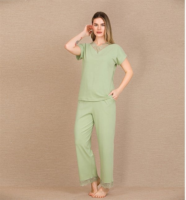 Pamuklu Şık Tasarım Dantel İşlemeli Yeşil Kısa Kol Pijama Takımı