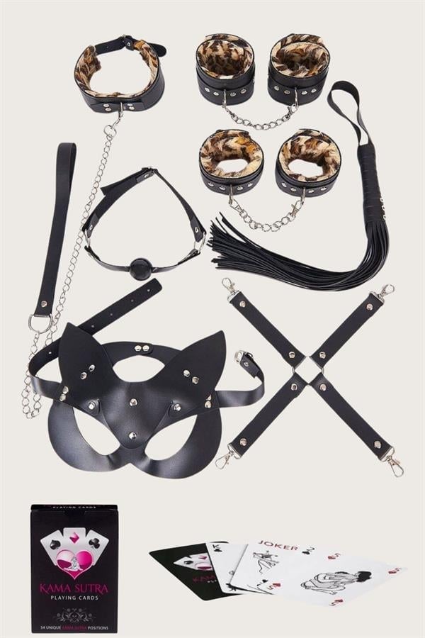 Sexy Görselli Oyun Kartı Kama Sutra 7li Leopar Harness Set