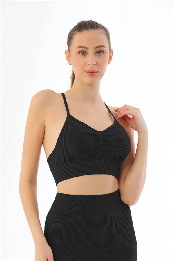 Siyah MI Emay 3921 Soft Seamless Ripli Tayt Yoga Takımı