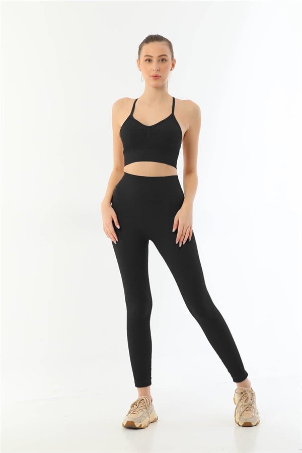 Siyah MI Emay 3921 Soft Seamless Ripli Tayt Yoga Takımı