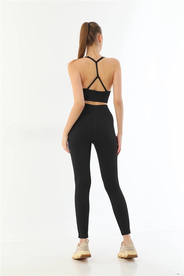 Siyah MI Emay 3921 Soft Seamless Ripli Tayt Yoga Takımı