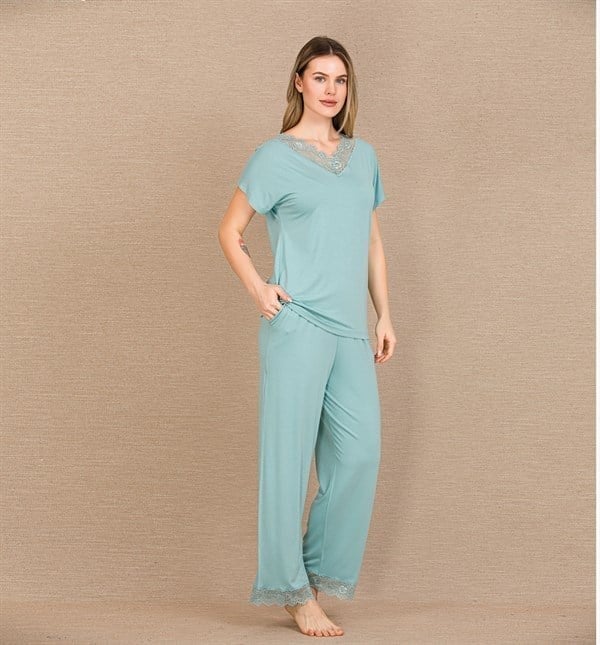 Viskon Şık Tasarım Dantel İşlemeli Mint Yeşil Kısa Kol Pijama Takımı