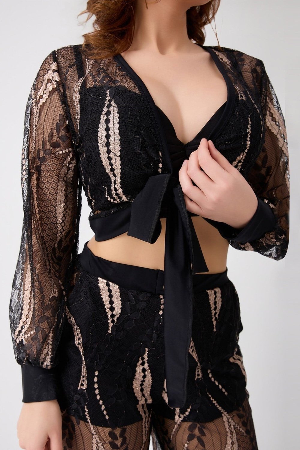 BRALET SÜTYEN TRANSPARAN GÖMLEK VE PANTOLON TAKIM SİYAH (MGP32486)