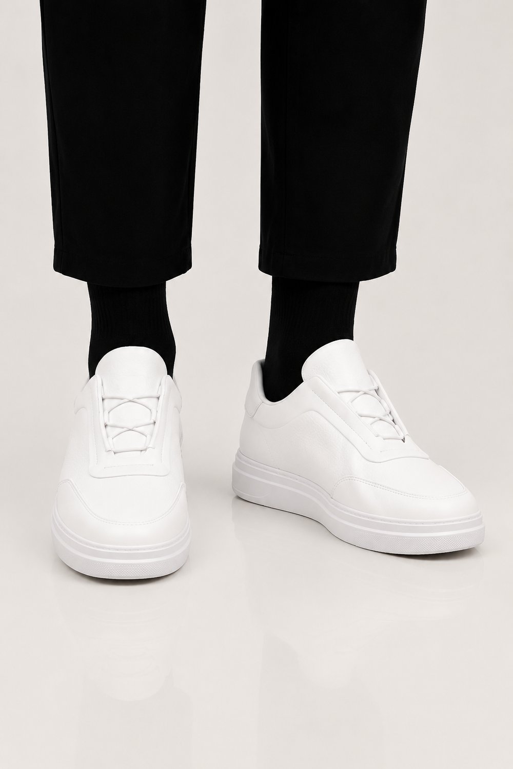 Erkek Yüksek Kalın Taban Bağcıklı Sneaker Ayakkabı BEYAZ