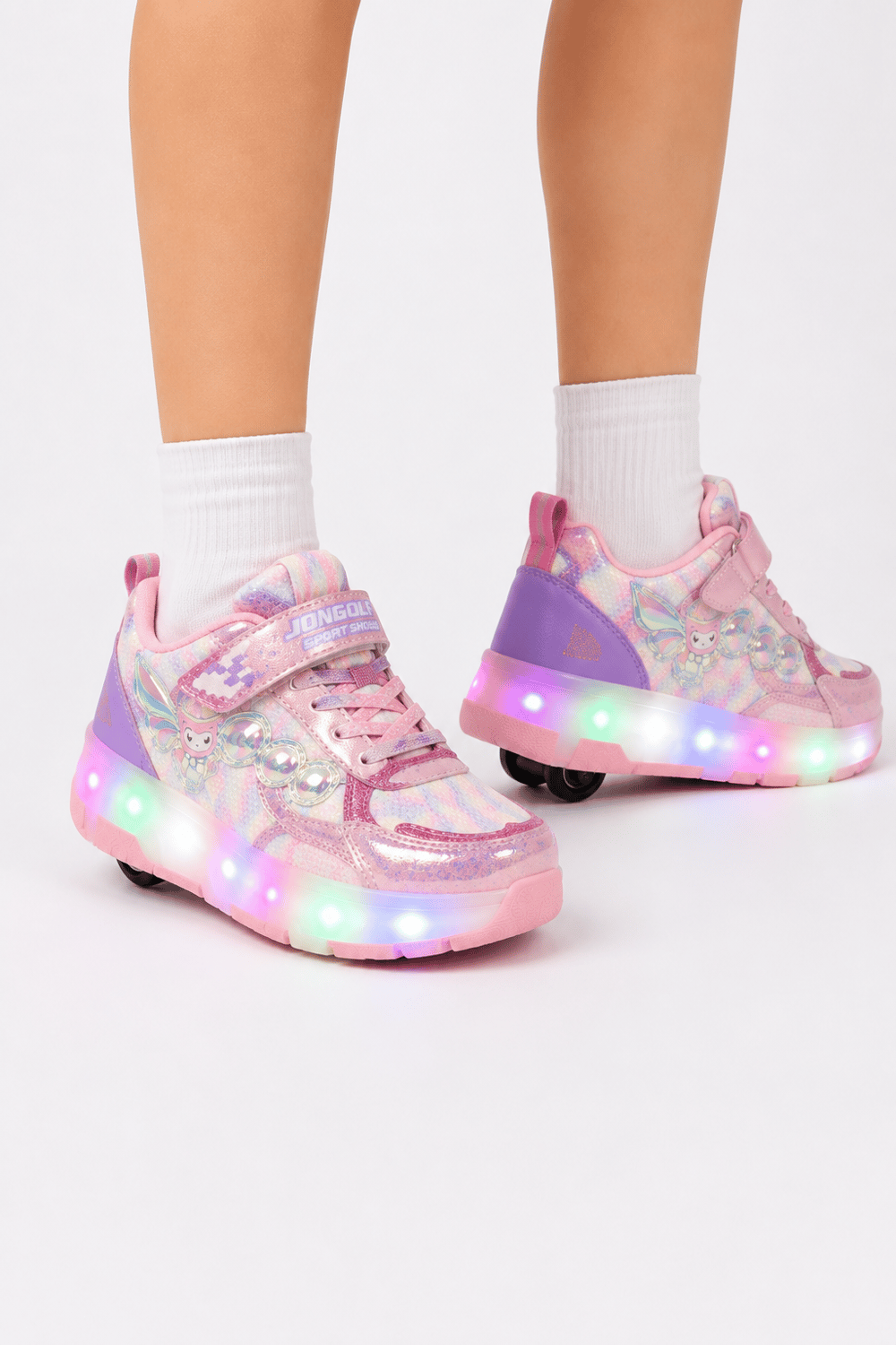 Patenli Işıklı Tekerlekli Spor Sneaker Paten Ayakkabı PEMBE - BEYAZ