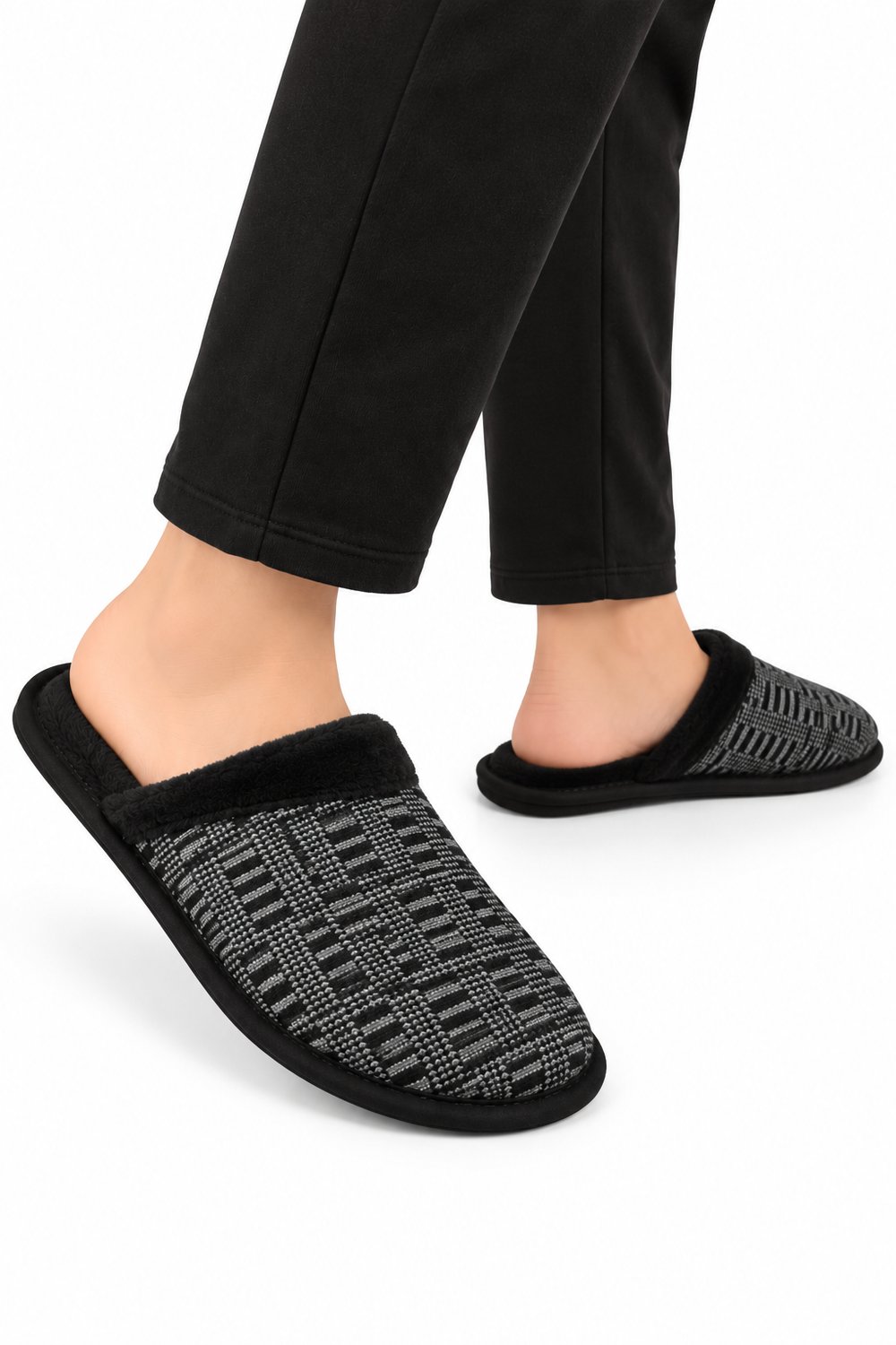 Unisex Ev Tüylü Kaydırmaz Taban Terlik GRİ - SİYAH