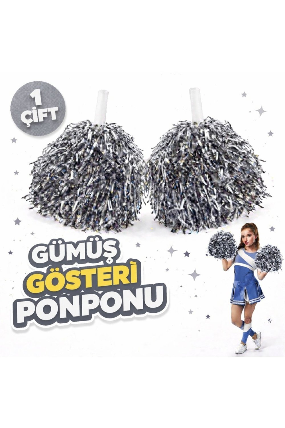 1 Çift ( 2 Adet ) Gümüş Renk 23 Nisan 19 Mayıs 29 Ekim Okul Gösteri Ponponları Ekstra Dolgun