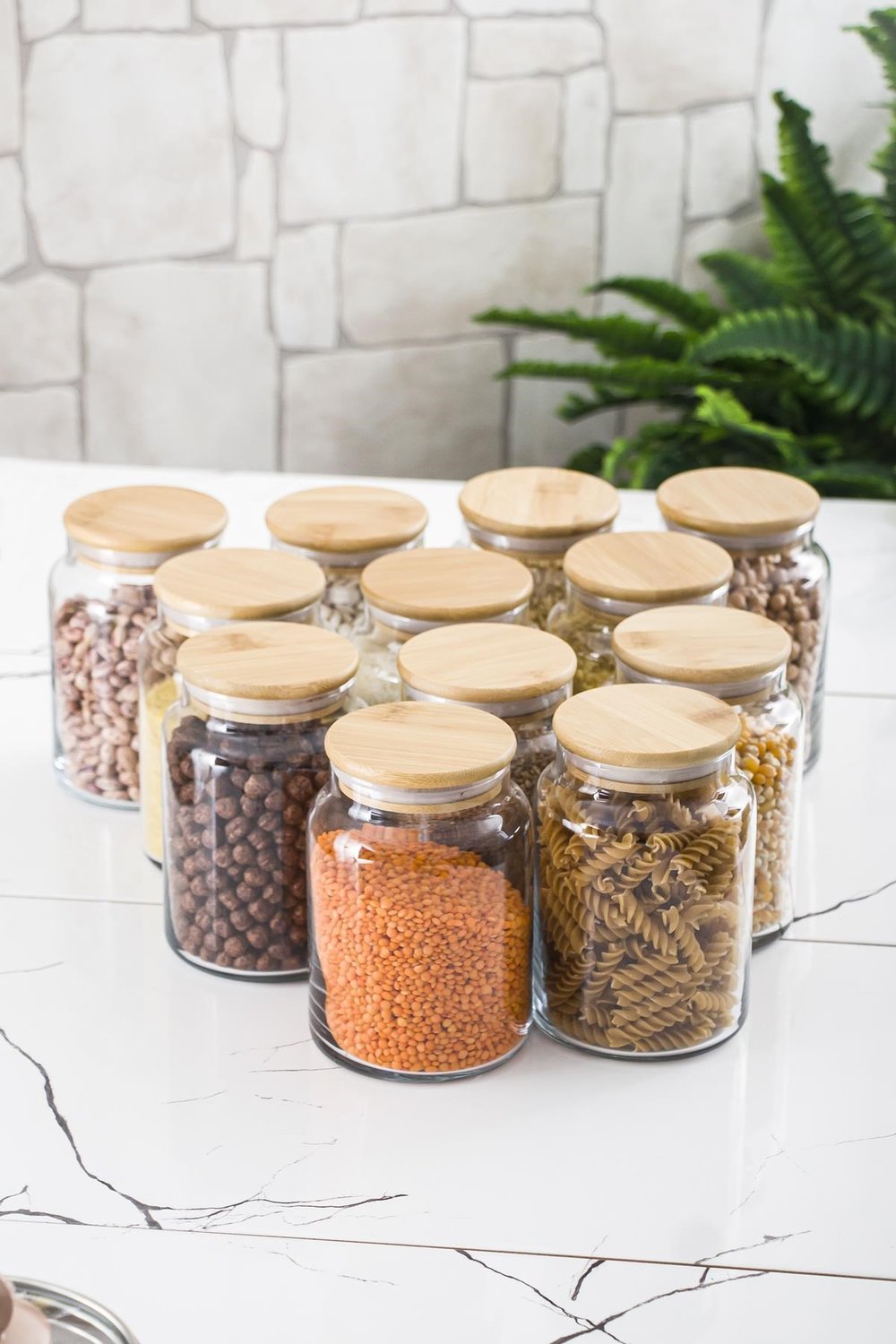 12 Lü Set Bambu Kapaklı Cam Kavanoz & Erzak Saklama Kabı 800 ml Orta Boy ( Vakum Kapak )