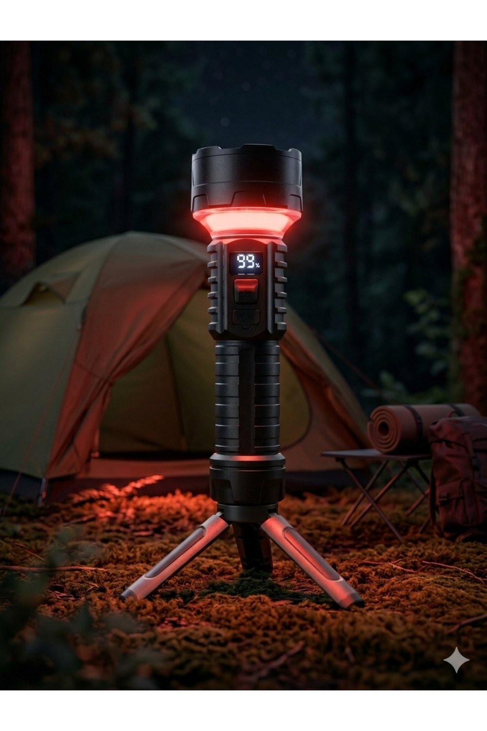 2’si 1 Arada 8 Modlu 7 LEDli Şarjlı Kamp Lambası Halka Işıklı Dijital Göstergeli SOS Tripod Uyumlu