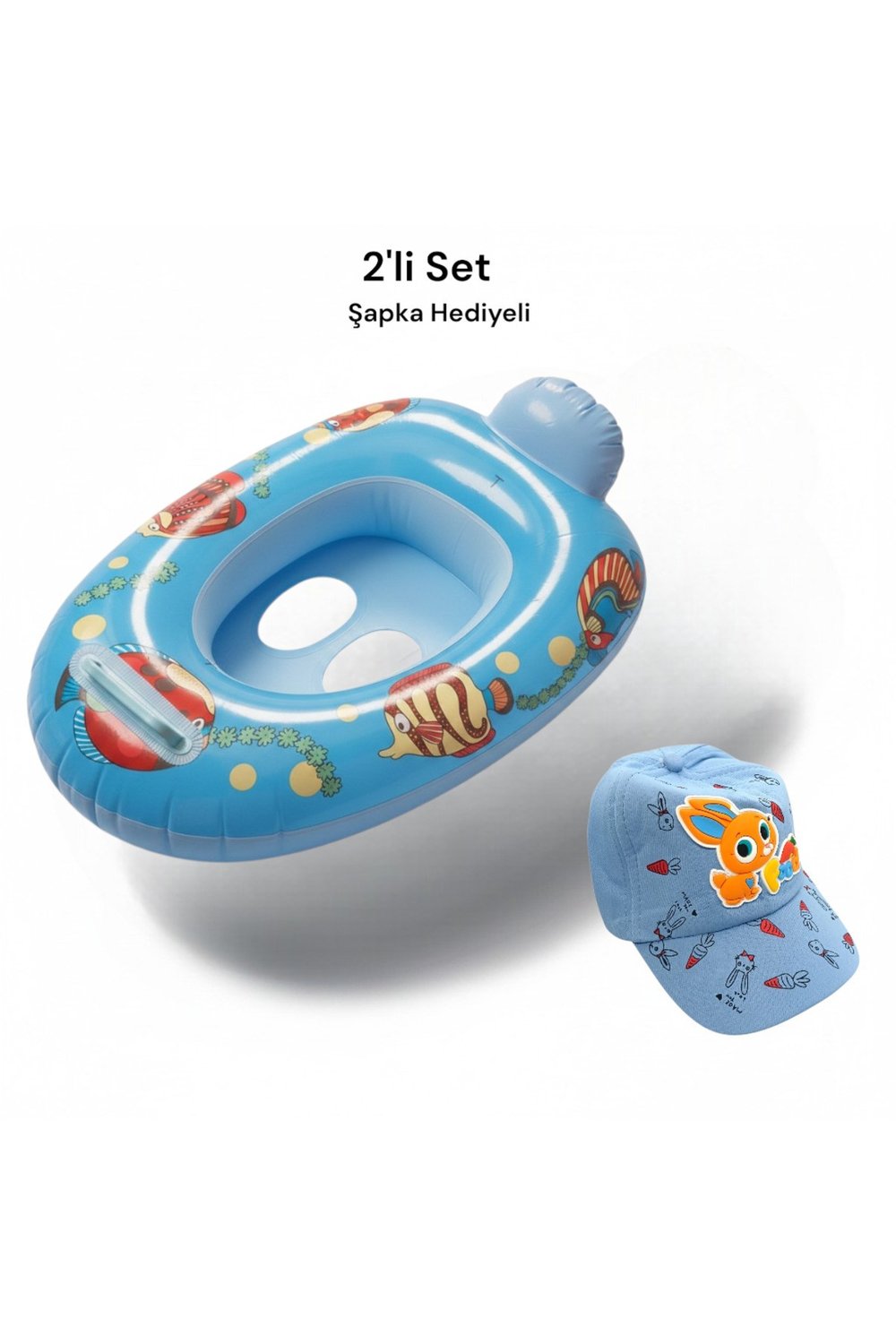 2li Set Bebek Çocuk Deniz Simidi Güneş Şapka Hediyeli Çocuk Havuz Simidi 65 x 45 cm | 10 × 7 cm Bacak Geçişi