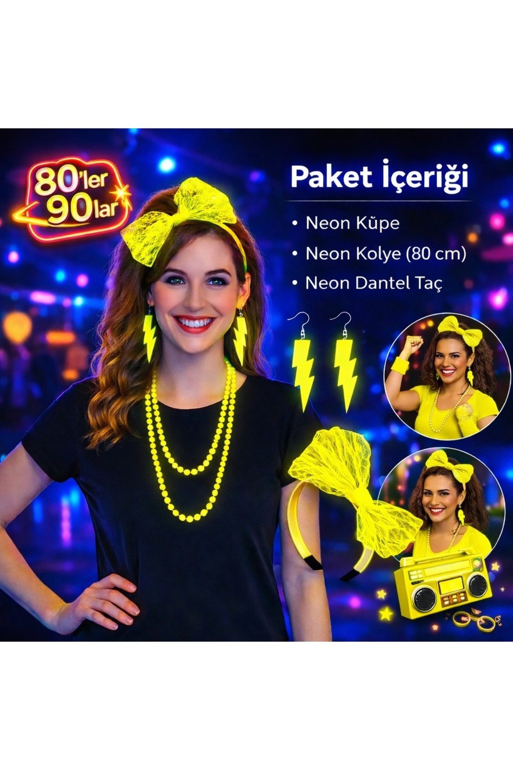 80’ler 90’lar Neon Sarı Parti Seti – Kolye Küpe Taç