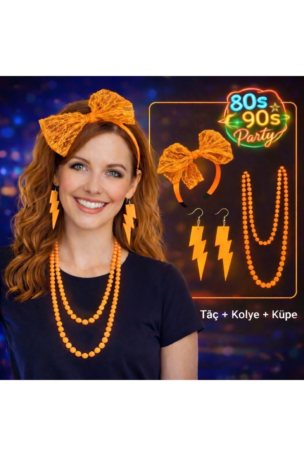 80’ler 90’lar Neon Turuncu Parti Seti – Kolye Küpe Taç