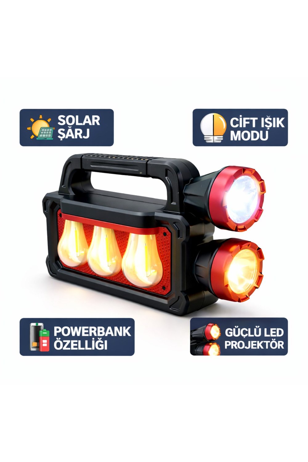 Güneş Enerjili Powerbankli Şarjlı Güçlü Işıldak SOS 3 Işık Modlu Avcılık Kamp Outdoor Lambası