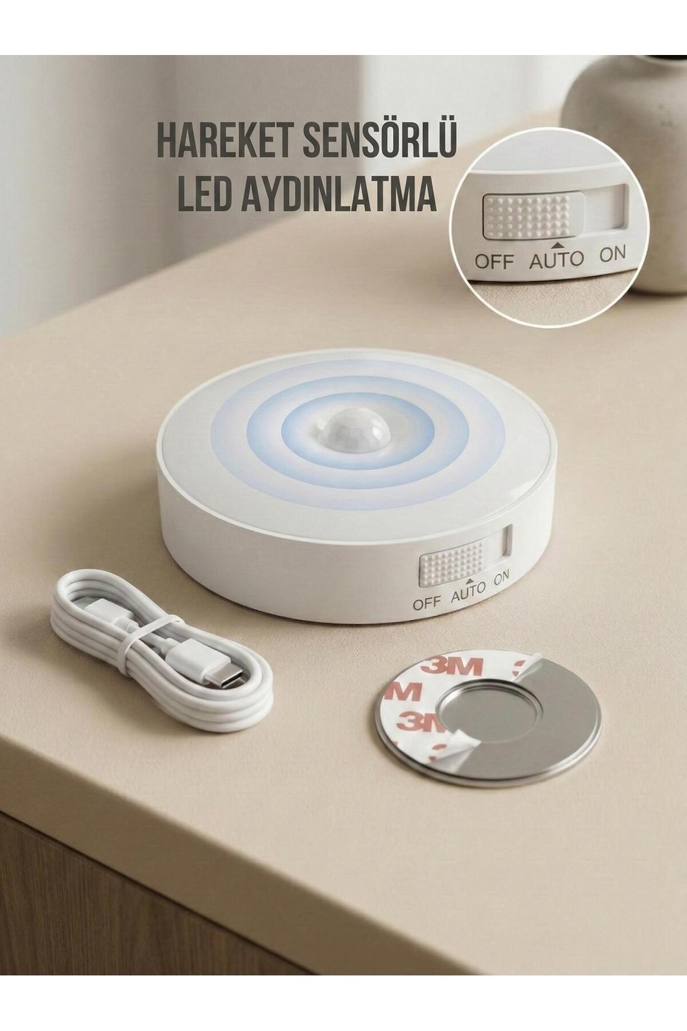 Hareket Sensörlü Yuvarlak LED Aydınlatma & USB Şarjlı Pratik Gece Lambası (8 cm)
