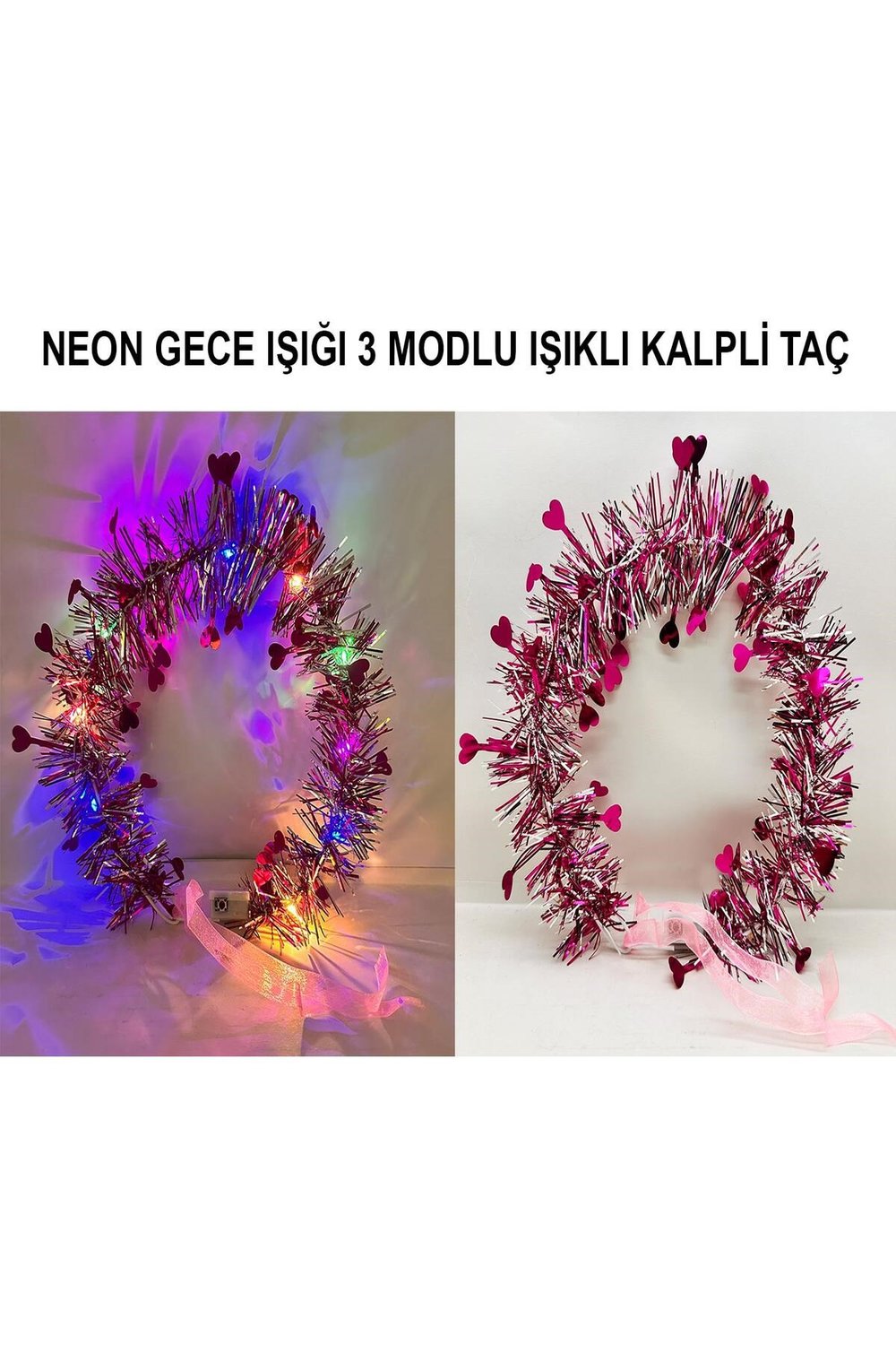 Kalp Püsküllü Gece Parıltısı 3 Modlu LED'li Işıklı Taç Fuşya Renk